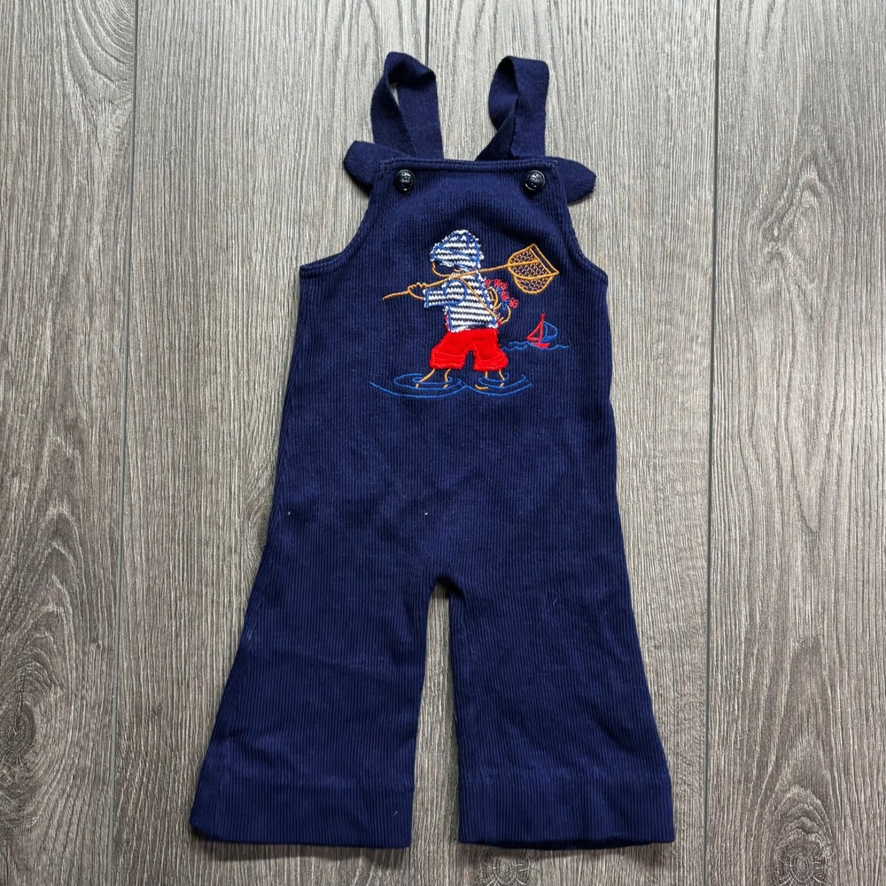 Vintage Absorba Navy Blue Knit Overalls Embroidered Fishing 6 Months France